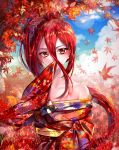  1other blue_sky blush cloud covering_mouth day floating_hair floral_print hair_between_eyes hhgy0925 highres houseki_no_kuni japanese_clothes kimono leaf long_hair looking_at_viewer maple_leaf mole mole_under_eye off_shoulder outdoors print_kimono red_eyes red_hair red_kimono shinsha_(houseki_no_kuni) shiny shiny_hair side_ponytail sky solo upper_body 