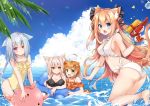  4girls :d animal_ear_fluff animal_ears anklet ass bare_arms bare_shoulders bikini black_bikini blue_sky blush braid breasts brown_bikini brown_eyes brown_hair cat_ears cat_girl cat_tail chestnut_mouth closed_mouth cloud cloudy_sky commentary_request day dog_ears fang green_eyes hair_ornament hairclip heterochromia holding horizon inflatable_toy jewelry large_breasts lemon_print long_hair mao_(alepricos) medium_breasts multiple_girls ocean open_mouth original outdoors palm_tree print_bikini purple_eyes short_eyebrows silver_hair single_braid sky smile soles standing standing_on_one_leg striped swimsuit tail thick_eyebrows tree two_side_up v-shaped_eyebrows vertical-striped_swimsuit vertical_stripes very_long_hair wading wardrobe_malfunction water water_gun white_bikini yellow_swimsuit 