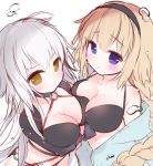  2girls ame_usari bangs bare_shoulders bikini bikini_under_clothes black_bikini black_hairband blonde_hair blue_eyes blue_jacket blush braid brown_eyes closed_mouth commentary_request eyebrows_visible_through_hair fate/grand_order fate_(series) grey_hair groin hair_between_eyes hairband highres jacket jeanne_d&#039;arc_(alter_swimsuit_berserker) jeanne_d&#039;arc_(fate)_(all) jeanne_d&#039;arc_(swimsuit_archer) long_hair long_sleeves multiple_girls navel o-ring o-ring_bikini o-ring_bottom o-ring_top off_shoulder open_clothes open_jacket parted_lips shrug_(clothing) single_braid sketch swimsuit very_long_hair white_background 