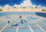  2girls :d ^_^ bangs barefoot blue_shorts blue_sky blush broom brown_hair bucket building closed_eyes cloud cloudy_sky day gym_shirt gym_shorts gym_uniform highres hikari_komitia holding holding_hose hose long_hair lying multiple_girls on_back open_mouth original outdoors outstretched_arms pool pool_ladder power_lines shirt short_sleeves shorts sky smile soles spread_arms standing transmission_tower water wet wet_clothes wet_shirt white_shirt 