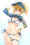  1girl absurdres artoria_pendragon_(all) ass_visible_through_thighs baseball_cap bikini blonde_hair blue_eyes blue_headwear breasts commentary_request cowboy_shot cropped_jacket fate/grand_order fate_(series) hair_through_headwear hand_on_hip hat highres looking_at_viewer medium_breasts mysterious_heroine_xx_(foreigner) open_mouth ponytail round_teeth samoore shrug_(clothing) side-tie_bikini simple_background solo standing swimsuit teeth thigh_gap upper_teeth white_background white_bikini 