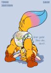  bent_over big_ears bodily_fluids cub dialogue diaper feces genital_fluids gnar_(lol) hi_res league_of_legends male messy_diaper pooping riot_games scat soiling solo standing tonio_(artist) urine video_games watermark wet_diaper wetting yordle young 