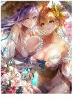  2girls bangs bare_shoulders bikini blonde_hair blue_eyes blush breast_press breasts cleavage collarbone dress dress_swimsuit elbow_gloves europa_(granblue_fantasy) flower gabriel_(granblue_fantasy) gloves granblue_fantasy hair_between_eyes hair_flower hair_ornament hat highres large_breasts long_hair looking_at_viewer multiple_girls navel parted_lips pink_hair short_hair signo_aaa smile straw_hat sun_hat swimsuit tiara unaligned_breasts white_bikini white_dress 