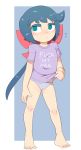  1girl barefoot blue_eyes blue_hair blush breasts cameltoe constanze_amalie_von_braunschbank-albrechtsberger fuck-me_shirt hair_ornament hair_ribbon highres hua113 little_witch_academia long_hair looking_away looking_to_the_side meme_attire no_pants panties ribbon shiny shiny_hair shiny_skin shirt simple_background small_breasts solo thick_eyebrows two-tone_background underwear white_panties 