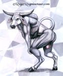  2000 anthro balls bent_over blue_eyes bovid bovine butt cattle ear_piercing ear_ring european_mythology facial_piercing fur greek_mythology hooves horn jewelry male mammal minotaur mythology nose_piercing nose_ring nude piercing rog_minotaur simple_background solo traditional_media_(artwork) white_fur 