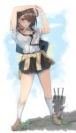  1girl absurdres ahoge alternate_costume arms_up azur_lane bag baltimore_(azur_lane) bangs beige_sweater black_hair black_neckwear black_skirt blush braid breasts brown_footwear choker cleavage clothes_around_waist collarbone collared_shirt highres kneehighs large_breasts loafers looking_at_viewer loose_neckwear necktie open_mouth pleated_skirt school_uniform shirt shoes short_hair short_sleeves skirt solo sweat sweater_around_waist uniform white_legwear yellow_eyes yusha_(m-gata) 