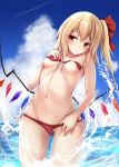  1girl bangs bare_arms bare_shoulders bikini bikini_lift bikini_pull blonde_hair bow breasts closed_mouth collarbone commentary_request crystal eyebrows_visible_through_hair flandre_scarlet front-tie_bikini front-tie_top groin hair_between_eyes hair_bow highres horizon kashiwagi_yamine long_hair medium_breasts navel nipples ocean one_side_up red_bikini red_bow red_eyes side-tie_bikini sidelocks smile solo standing swimsuit touhou wading water wings 