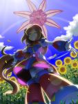  1girl android beret blue_sky breasts brown_hair capcom closed_eyes cloud commentary_request flower from_below gloves hat iris_(rockman_x) knees_together_feet_apart long_hair low-tied_long_hair medium_breasts napo outstretched_arms red_headwear rockman rockman_x rockman_x4 sky smile standing sunflower teeth white_gloves 