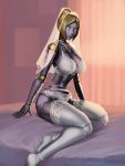  5_fingers aka6 bed blonde_hair blue_eyes breasts bridal_lingerie bride clothed clothing digital_media_(artwork) dress female fingers gear glowing glowing_eyes hair humanoid humanoid_face league_of_legends legwear lingerie looking_at_viewer machine metallic_body not_furry orianna_(lol) panties riot_games robot robot_joints sitting solo stockings underwear veil video_games wedding_dress 
