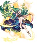  1girl barefoot bracelet fire_emblem fire_emblem:_three_houses fire_emblem_heroes full_body green_eyes green_hair highres jewelry long_hair maiponpon official_art open_mouth pointy_ears solo sothis sparkle teeth tiara transparent_background 