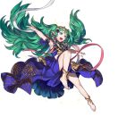  1girl barefoot bracelet fire_emblem fire_emblem:_three_houses fire_emblem_heroes full_body green_eyes green_hair highres jewelry long_hair maiponpon official_art open_mouth pointy_ears solo sothis sparkle teeth tiara transparent_background 