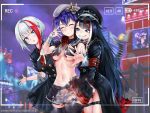  3girls admiral_graf_spee_(azur_lane) admiral_graf_spee_(maiden&#039;s_sunday)_(azur_lane) armband azur_lane bandaged_arm bandages beret black_dress black_hair black_jacket blue_eyes bracelet breasts closed_mouth commentary deutschland_(azur_lane) double-breasted dress english_commentary fang goggles goggles_on_headwear groping hand_on_another&#039;s_ass hat heterochromia highres iron_cross jacket jewelry leotard_under_clothes lifted_by_another long_sleeves looking_at_viewer mechanical_hands mechanical_tail midriff miniskirt motion_blur multicolored_hair multiple_girls navel open_mouth purple_eyes sereneandsilent shark_tail sharp_teeth short_hair short_sleeves skin_fang skirt skirt_lift smile stage streaked_hair tail tearing_clothes teeth torn_clothes underboob viewfinder white_hair z36_(azur_lane) 