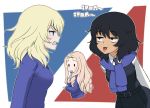  3girls andou_(girls_und_panzer) arms_behind_back bangs bc_freedom_school_uniform black_skirt black_vest blonde_hair blue_eyes blue_neckwear blue_sweater commentary_request cropped_torso diagonal_stripes dress_shirt drill_hair eyebrows_visible_through_hair frown girls_und_panzer glaring grimace half-closed_eyes holding holding_spoon leaning_forward long_hair long_sleeves looking_at_another marie_(girls_und_panzer) medium_hair messy_hair mouth_hold multiple_girls necktie oshida_(girls_und_panzer) pleated_skirt school_uniform shirt skirt smirk solid_circle_eyes spoon spoon_in_mouth standing striped sweatdrop sweater translated v-shaped_eyebrows vest wata_do_chinkuru white_shirt wing_collar 