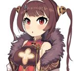  1girl alternate_breast_size azur_lane bangs bare_shoulders black_dress blunt_bangs blush breasts brown_hair china_dress chinese_clothes cleavage cleavage_cutout coat covered_nipples dress eyebrows_visible_through_hair eyelashes flower_ornament fur-trimmed_coat fur_trim hair_ornament hairband highres looking_at_viewer medium_breasts no_bra parted_lips ping_hai_(azur_lane) raised_eyebrows red_dress red_eyes shiny shiny_hair sideboob sidelocks simple_background sleeveless sleeveless_dress solo twintails two-tone_dress upper_body user_pyhk2433 white_background white_hairband 