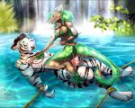  2019 4_toes 5_fingers anthro anthro_on_anthro areola bdsm bondage bound breasts evange felid female fingers green_areola green_eyes green_hair green_nipples hair hi_res holding_spear male male/female mammal nipples pantherine partially_submerged sergal sex tai_lung_(artist) tiger toes water waterfall 