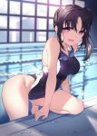  1girl black_hair black_swimsuit breasts commentary_request competition_swimsuit cowboy_shot goggles goggles_around_neck highleg highleg_swimsuit highres indoors kazuno_sarah looking_at_viewer love_live! love_live!_sunshine!! medium_breasts one-piece_swimsuit open_mouth pool purple_eyes round_teeth side_ponytail smile solo swimsuit teeth upper_teeth wet yamaori_(yamaorimon) 