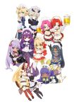  6+girls absurdres ahoge alternate_costume animal_ears apron aqua_eyes arm_wrap artoria_pendragon_(all) artoria_pendragon_(lancer) artoria_pendragon_(lancer_alter) bandaged_arm bandages bangs bb_(fate)_(all) bb_(swimsuit_mooncancer)_(fate) bead_bracelet beads beer_mug bikini black_dress black_hair black_legwear black_shorts blonde_hair blue_dress blue_eyes blue_legwear blue_skirt blush bob_cut boots boudica_(fate/grand_order) bracelet braid breasts chibi circlet cleavage closed_mouth crossed_arms crossed_legs crown cup dark_skin dress earrings enmaided epaulettes eyeliner facepaint facial_mark fang fate/extra fate/grand_order fate_(series) fingerless_gloves forehead_jewel forehead_mark francis_drake_(fate) french_braid frills garter_straps gloves green_eyes gyaru hair_between_eyes hair_bun hair_intakes hair_ornament hairband hands_on_hips hat headpiece highres hoop_earrings horns hug ibaraki_douji_(fate/grand_order) jackal_ears japanese_clothes jewelry juliet_sleeves kimono large_breasts legs long_hair long_sleeves looking_at_viewer lying maid maid_headdress makeup medium_breasts multiple_girls nero_claudius_(fate) nero_claudius_(fate)_(all) nitocris_(fate/grand_order) obi on_stomach one_eye_closed oni oni_horns open_mouth pantyhose parted_bangs pauldrons pencil_skirt pink_hair ponytail puffy_short_sleeves puffy_sleeves purple_bikini purple_dress purple_eyes purple_hair purple_legwear red_dress red_hair red_legwear red_ribbon red_skirt ribbon sash saucer scar scathach_(fate)_(all) scathach_skadi_(fate/grand_order) scheherazade_(fate/grand_order) seiza short_dress short_eyebrows short_hair short_kimono short_ponytail short_shorts short_sleeves shorts shrug_(clothing) shuten_douji_(fate/grand_order) sidelocks simple_background sitting skirt slit_pupils small_breasts smile star star_hair_ornament swimsuit tan tattoo teacup thigh_boots thigh_strap thighhighs thighs tiara tray very_long_hair waist_apron white_background white_dress white_legwear white_skirt wide_sleeves wrist_cuffs yang-do yellow_eyes yellow_kimono 