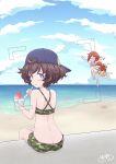  akiyama_yukari backwards_hat bangs beach bikini bikini_shorts bikini_top blue_sky blush breasts brown_hair camouflage camouflage_bikini cleavage cloud day food frilled_bikini frills front-tie_top girls_und_panzer green_bikini hadzuki_haru hat highres holding holding_spoon messy_hair motion_blur nishizumi_miho ocean outdoors restrained saliva sand shaved_ice short_hair shorts sky spoon swimsuit viewfinder water 