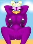  2019 absurd_res anthro avian big_breasts bird blush bodily_fluids breasts clothing digital_media_(artwork) female genital_fluids hair hands_behind_head hi_res hirundinid horn legwear locote68 looking_at_viewer nude purple_hair purple_skin pussy_juice seductive sega simple_background solo sonic_(series) sonic_riders spread_legs spreading swallow_(bird) thick_thighs thigh_highs video_games wave_the_swallow 