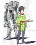  1boy arms_at_sides brown_eyes brown_hair clenched_hand flat_color gloves grey_footwear grey_gloves katana looking_at_viewer male_focus mecha non_(6nezuuyamar9) original robot shadow sheath sheathed simple_background standing sword weapon wide_sleeves zoom_layer 