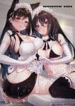  2girls animal_ears apron ass asymmetrical_docking atago_(azur_lane) azur_lane bangs bikini black_bikini black_hair black_legwear blush breast_press breasts brown_eyes checkered_wall cleavage collarbone crossed_bangs elbow_gloves eyebrows_visible_through_hair frilled_apron frilled_gloves frilled_legwear frills gloves grey_hair hair_between_eyes hato_haru indoors large_breasts long_hair looking_at_viewer lubrication maid_apron maid_headdress mole mole_under_eye multicolored_hair multiple_girls navel open_mouth red_eyes sidelocks sitting slime smile streaked_hair swept_bangs swimsuit thighhighs u-47_(azur_lane) very_long_hair waist_apron white_apron white_gloves white_legwear 