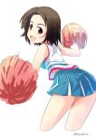  1girl :d bangs blue_skirt brown_eyes brown_hair buchikaki cheerleader commentary cropped_legs from_behind girls_und_panzer holding holding_pom_poms leaning_forward looking_at_viewer looking_back miniskirt motion_lines open_mouth parted_bangs pleated_skirt pom_poms sawa_azusa shirt short_hair simple_background skirt sleeveless sleeveless_shirt smile solo standing twitter_username white_background white_shirt 