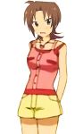  1girl 2016 brown_hair casual female iizuka_yuzu poppun_lucia sakura_trick short_hair short_shorts shorts simple_background solo yellow_shorts 