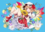  1girl :d bangs blonde_hair bloomers blue_background blue_flower bobby_socks commentary_request dress eyebrows_visible_through_hair fangs flandre_scarlet flower full_body hat hat_flower hibiscus highres knees_up leaf leg_garter long_hair looking_at_viewer mary_janes mob_cap one_side_up open_mouth petticoat puffy_short_sleeves puffy_sleeves purple_flower red_dress red_eyes red_flower red_footwear shirt shoes short_sleeves simple_background smile socks solo sunflower thighs touhou toutenkou underwear white_bloomers white_flower white_headwear white_legwear white_shirt wrist_cuffs 