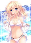  1girl :d bare_shoulders bikini blonde_hair blue_eyes blue_ribbon breasts cleavage collarbone commentary_request cowboy_shot dress_shirt fuuna hair_ribbon halter_top halterneck highres long_hair long_sleeves looking_at_viewer medium_breasts navel off_shoulder open_clothes open_mouth open_shirt original ribbon shirt smile solo standing swimsuit white_bikini white_shirt 