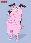  2018 animal_genitalia belly canid canine canis cartoon_network courage courage_the_cowardly_dog digital_media_(artwork) domestic_dog eyelashes feral fur hair hi_res looking_at_viewer male mammal navel nipples nude overweight penis pink_fur pubes sheath simple_background solo thepinkbeagle 