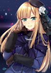  1girl absurdres bangs black_headwear blonde_hair blue_eyes blue_jacket blush brown_gloves commentary_request eyebrows_visible_through_hair fate/grand_order fate_(series) flower fur gloves gu_li hair_ornament hat highres jacket long_hair long_sleeves looking_at_viewer lord_el-melloi_ii_case_files reines_el-melloi_archisorte simple_background smile solo upper_body white_flower 