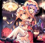  2girls :d alternate_costume ass bangs bat bat_wings black_dress black_footwear black_legwear blonde_hair blush bow chandelier commentary_request couch crystal dress eyebrows_visible_through_hair fangs fangs_out flandre_scarlet flower hair_between_eyes hat hat_bow hat_flower high_heels holding holding_stuffed_animal hug hug_from_behind indoors kirero kneeling lavender_hair leaf light_particles long_hair looking_at_viewer mary_janes miniskirt mob_cap multiple_girls one_side_up open_mouth panties pantyshot pantyshot_(sitting) petticoat pink_headwear pointy_ears puffy_short_sleeves puffy_sleeves purple_bow railing red_bow red_flower red_footwear red_rose red_sash red_skirt red_vest remilia_scarlet rose sash shirt shoes short_dress short_sleeves siblings sidelocks sisters sitting skirt skirt_set smile stuffed_animal stuffed_toy teddy_bear thighhighs thighs touhou underwear vest white_headwear white_panties white_shirt wings yellow_flower yellow_rose 