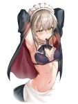  1girl absurdres apron arched_back armpits arms_behind_head arms_up artoria_pendragon_(all) artoria_pendragon_(swimsuit_rider_alter) bangs bikini black_bikini black_bow black_jacket black_skirt blonde_hair blush bow bowtie breasts commentary cowboy_shot crossed_bangs eyebrows_visible_through_hair fate/grand_order fate_(series) frilled_bikini_top groin hair_between_eyes harusame_(user_wawj5773) highres jacket looking_at_viewer maid_bikini maid_headdress medium_breasts medium_hair mouth_hold navel neck_garter open_clothes open_jacket red_jacket shiny shiny_hair simple_background skirt solo stomach stretch swimsuit v-shaped_eyebrows waist_apron white_apron white_background yellow_eyes 
