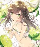  1girl :o bangs bare_shoulders bikini blurry blurry_background blush brown_hair choker collarbone commentary dated depth_of_field eyebrows_visible_through_hair food fruit green_eyes green_ribbon groin hair_between_eyes hair_ribbon hands_up hoshi_(snacherubi) lime_(fruit) lime_slice long_hair looking_at_viewer navel original parted_lips ribbon side-tie_bikini signature solo swimsuit untied untied_bikini upper_body water_drop white_background white_bikini white_choker 