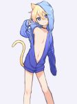  1boy alpha_omega_nova animal_ears blonde_hair blue_eyes cat_ears cat_tail choker grey_background hair_between_eyes highres hood hoodie looking_at_viewer male_focus mt.somo naked_hoodie navel no_nipples smile solo tail uchuu_patrol_luluco 