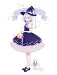  1girl cat dress ghost grey_eyes grey_hair halloween halloween_basket halloween_costume hat highres lrul original pumpkin ribbon shoes short_hair witch_hat 