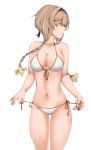  1girl bikini braid breasts closed_eyes clothes_writing cowboy_shot front-tie_bikini front-tie_top hachimaki hair_ornament headband highres kantai_collection light_brown_hair long_hair medium_breasts navel nn_tasu propeller_hair_ornament side-tie_bikini simple_background solo standing swimsuit teruzuki_(kantai_collection) twin_braids white_background white_bikini 