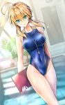  ahoge artoria_pendragon_(all) artoria_pendragon_(lancer) bangs blonde_hair blue_eyes blue_swimsuit blush braid breasts clipboard covered_navel crown_braid day dutch_angle eyebrows_visible_through_hair fate/grand_order fate_(series) groin holding holding_clipboard indoors kotatsu_(kotatsu358) large_breasts long_hair looking_at_viewer parted_lips plant poolside potted_plant solo swimsuit wet whistle whistle_around_neck window 
