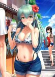  1boy 2girls admiral_(kantai_collection) aqua_hair ass bare_shoulders barefoot bikini black_bikini black_eyes black_hair blue_bikini blue_sky blush braid breasts butt_crack cleavage cloud collarbone cup day denim denim_shorts embarrassed enemy_lifebuoy_(kantai_collection) eyebrows_visible_through_hair floral_print flower green_eyes hair_between_eyes hair_flower hair_ornament hair_ribbon hairclip hand_up hibiscus highleg highleg_bikini highres holding holding_cup ichikawa_feesu isonami_(kantai_collection) kantai_collection large_breasts long_hair looking_at_viewer multiple_girls navel outdoors ribbon shaved_ice shorts sidelocks sky stomach suzuya_(kantai_collection) swimsuit twin_braids 