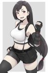  1girl bangs belt bike_shorts black_belt black_hair black_shorts black_skirt breasts brown_eyes commentary cowboy_shot earrings elbow_gloves elbow_pads fighting_stance final_fantasy final_fantasy_vii final_fantasy_vii_remake fingerless_gloves gloves grey_background highres ina_(gokihoihoi) jewelry lifted_by_self long_hair looking_at_viewer low-tied_long_hair medium_breasts midriff miniskirt navel open_mouth outside_border shirt shorts shorts_under_skirt skirt skirt_lift solo standing suspender_skirt suspenders swept_bangs tank_top thighhighs thighs tifa_lockhart white_shirt 