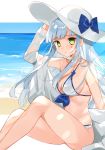  1girl arm_up armpits bare_legs bare_shoulders beach bikini bow breasts cleavage collarbone dress_shirt facial_mark front-tie_bikini front-tie_top girls_frontline green_eyes hasegawa_(rarairairai) hat hat_bow highres hk416_(girls_frontline) large_breasts long_hair looking_at_viewer ocean off_shoulder shirt silver_hair sitting solo sun_hat swimsuit thighs very_long_hair water white_bikini white_headwear white_shirt 