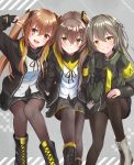  3girls akabane_hibame bangs black_legwear blush boots breasts brown_eyes brown_hair cross-laced_footwear dress eyebrows_visible_through_hair fingerless_gloves girls_frontline gloves grey_dress grey_hair hair_between_eyes hair_ornament hairclip highres jacket lace-up_boots long_hair looking_at_viewer multiple_girls one_side_up open_mouth pantyhose ribbon scar scar_across_eye shirt short_dress sitting skirt smile twintails ump40_(girls_frontline) ump45_(girls_frontline) ump9_(girls_frontline) v white_shirt yellow_eyes zipper 