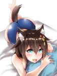  1girl ahoge alternate_costume animal_ears artist_logo ass barefoot bed_sheet blue_eyes blue_swimsuit braid breast_press breasts brown_hair eureka_(eureka-0075) eyebrows_visible_through_hair from_above hair_between_eyes hair_flaps hair_over_shoulder kantai_collection looking_at_viewer lying on_bed on_stomach open_mouth pillow remodel_(kantai_collection) shigure_(kantai_collection) simple_background smile solo swimsuit tail white_background wolf_ears wolf_tail 