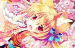  1girl :d animal_ear_fluff animal_ears bangs blonde_hair blue_bow bow commentary_request dutch_angle eyebrows_visible_through_hair fang fingernails floral_background floral_print fox_ears fox_shadow_puppet hair_between_eyes hair_bow hand_up japanese_clothes kimono long_hair long_sleeves looking_at_viewer obi open_clothes open_mouth original print_kimono purple_eyes red_kimono sakurazawa_izumi sash smile solo wide_sleeves 