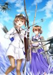  2girls afloat aircraft arrow black_legwear blue_sky blurry bow_(weapon) brown_eyes brown_hair cloud cloudy_sky commentary_request depth_of_field flight_deck gloves hakama hat helicopter highres holding holding_weapon japanese_clothes kaga_(jmsdf) kaga_(kantai_collection) kantai_collection long_hair machinery mashiro_aa military military_hat military_rank_insignia military_uniform military_vehicle multiple_girls muneate namesake navy necktie ocean open_mouth original pantyhose parted_lips ponytail quiver side_ponytail sky tasuki uniform weapon white_gloves yumi_(bow) 