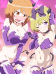  2girls absurdres arm_up armpits blonde_hair blush bow breasts brown_eyes brown_hair choker collarbone commentary_request cosplay cowboy_shot demon_horns demon_tail elbow_gloves embarrassed erie_(tonari_no_kyuuketsuki-san) erie_(tonari_no_kyuuketsuki-san)_(cosplay) eyebrows_visible_through_hair fang gloves hair_bow head_tilt heart heart_background highres horns large_breasts looking_at_viewer low_twintails multiple_girls natsuki_hinata navel nose_blush open_mouth purple_bow purple_eyes purple_gloves purple_legwear ramanda short_twintails small_breasts standing tail thigh_strap thighhighs tonari_no_kyuuketsuki-san twintails w 
