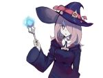  1992_(artist) 1girl blue_neckwear breasts collar commentary_request expressionless hair_over_one_eye hat little_witch_academia long_hair looking_to_the_side luna_nova_school_uniform magic medium_breasts mushroom mushroom_on_head open_mouth pale_skin pink_hair red_eyes school_uniform simple_background solo sucy_manbavaran upper_body wand white_background white_collar wide_sleeves witch witch_hat 