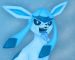  absurd_res ambiguous_gender blue_eyes blue_insides bodily_fluids canid canine drooling eeveelution emu34b glaceon hi_res mammal mouth_shot nintendo pok&eacute;mon pok&eacute;mon_(species) saliva simple_background solo teeth vector video_games 