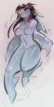  anthro blue_eyes breasts bubble dark_hair female fin fish gills glistening grey_skin hi_res humanoid_pointy_ears looking_at_viewer marine nude panken pussy shark shark_teeth sharp_teeth simple_background smile solo swimming teeth yellow_sclera 