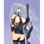  1girl areolae arm_behind_back black_gloves black_legwear blue_eyes blush breasts covered_nipples cowboy_shot double_vertical_stripe expressionless gloves grey_background holding holding_weapon huge_breasts huge_weapon lance long_hair original panties panty_peek polearm ryoji_(nomura_ryouji) silver_hair simple_background skin_tight solo thighhighs underwear very_long_hair weapon 